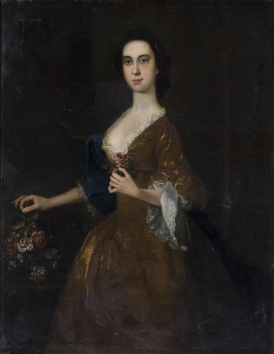 Porträtt av en dam i röd klänning av English School